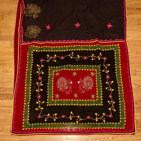 Hand Embroidered Indian Saree Peacock Motif 100% Cotton Multicolor Traditional - Picture 1 of 5